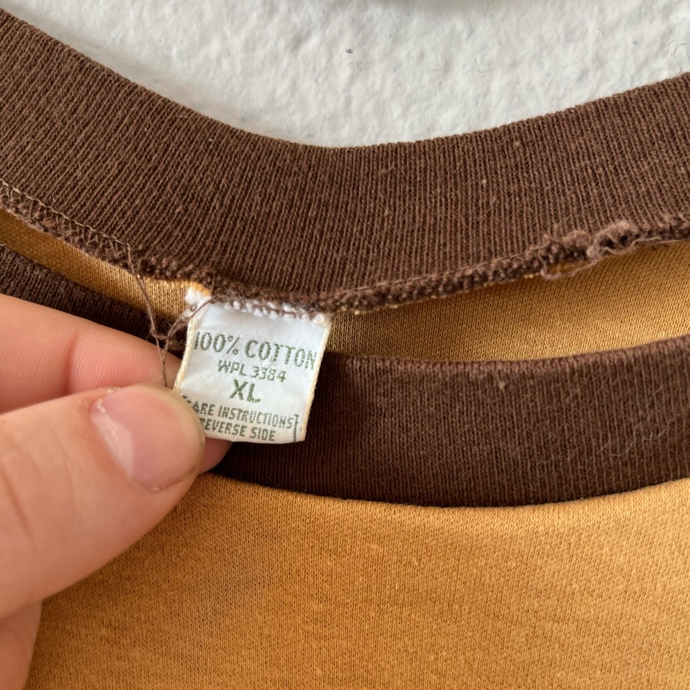Men's Single Stitch USA Made Cotton Short Sleeve Raglan Tee in Mustard and Brown - Picture 4 of 9